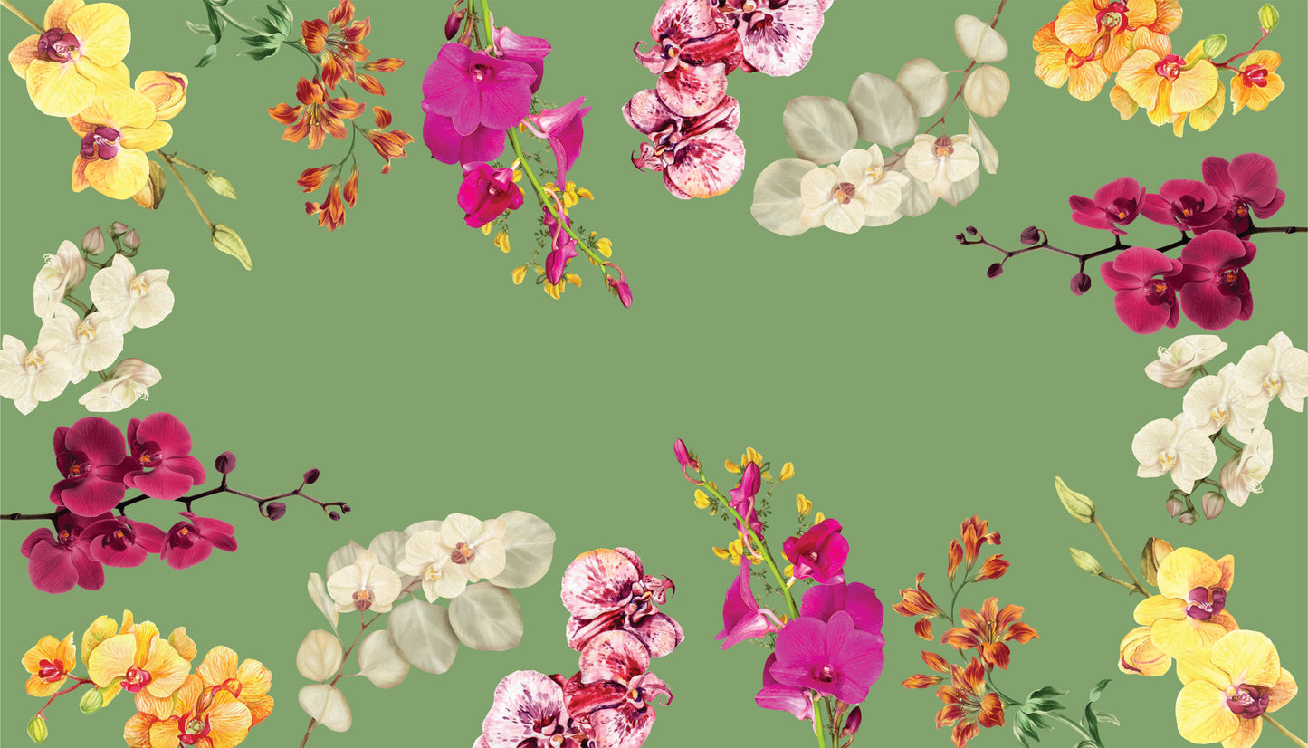 Toalha de Mesa Retangular 2,80m - Orquídeas Contorno - Fundo Verde