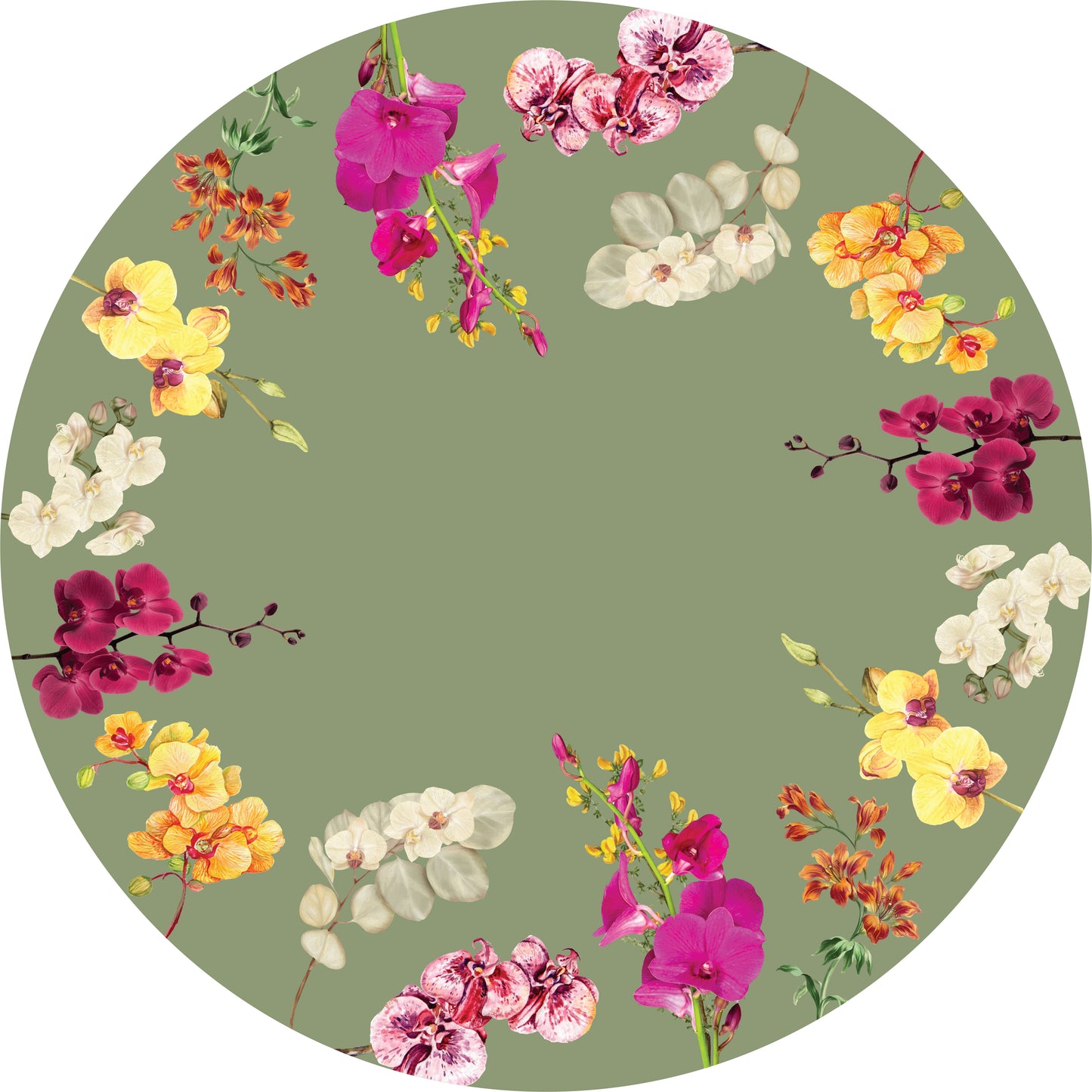 Toalha de Mesa Redonda - Orquídeas Contorno - Fundo Verde
