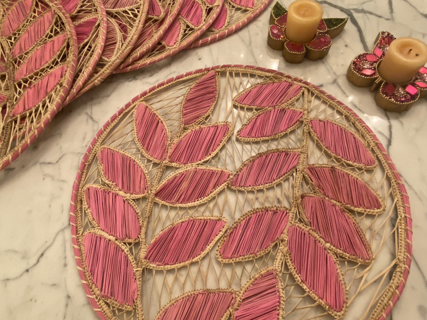 Souplat em palha natural Folhagem Rosa Nude