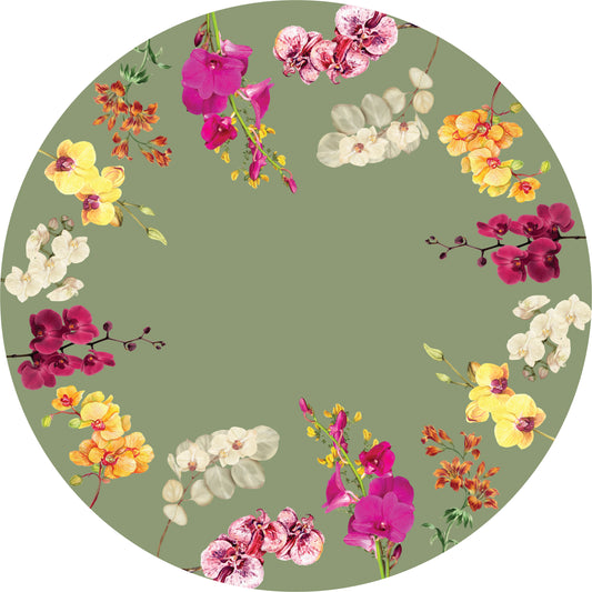 Toalha de Mesa Redonda - Orquídeas Contorno - Fundo Verde