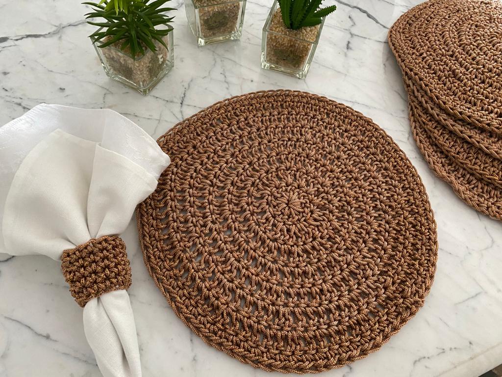 Porta Guardanapo Croche Bege com Lurex Cobre