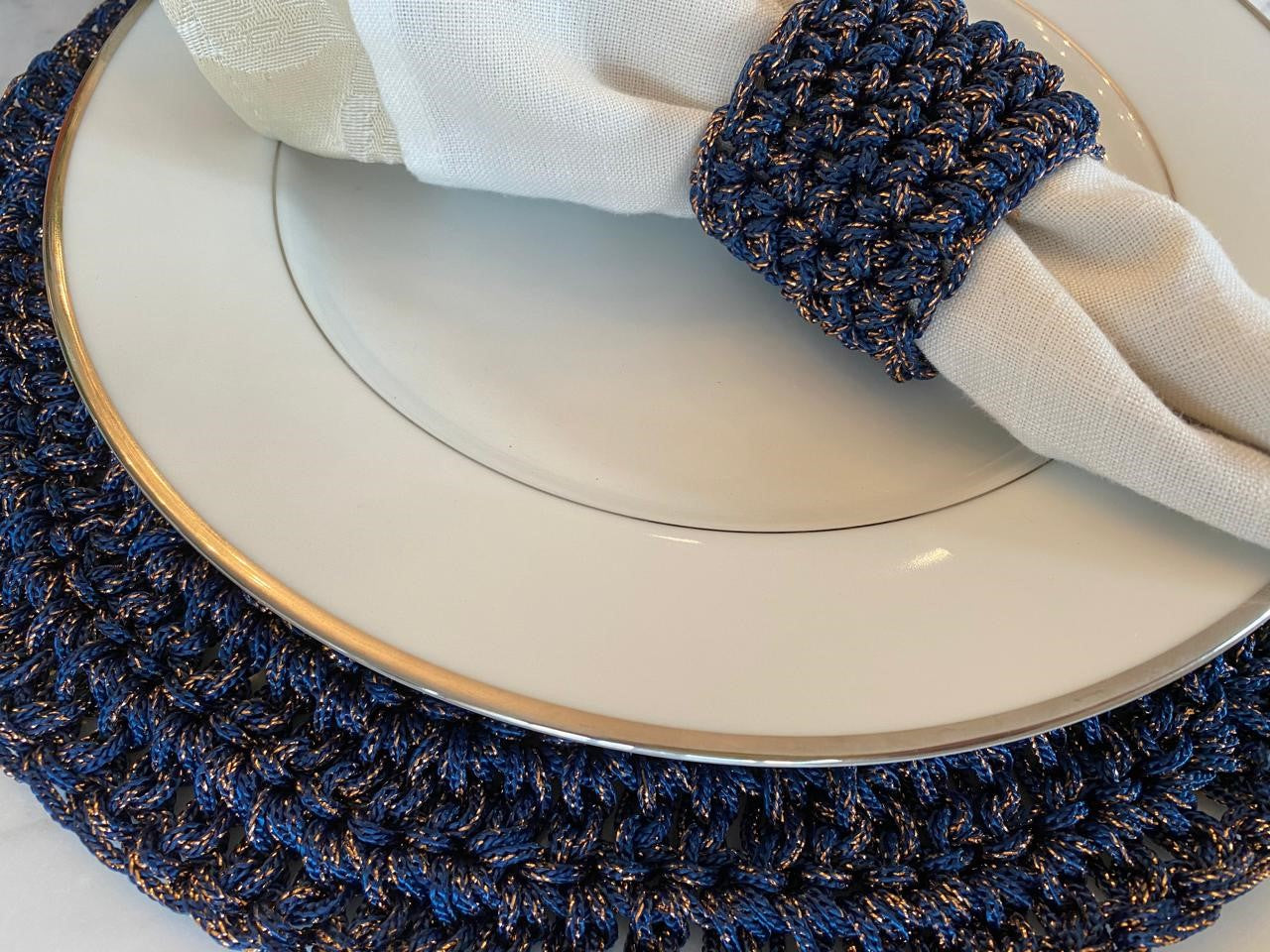 Souplat Crochê Azul Marinho com Lurex Cobre